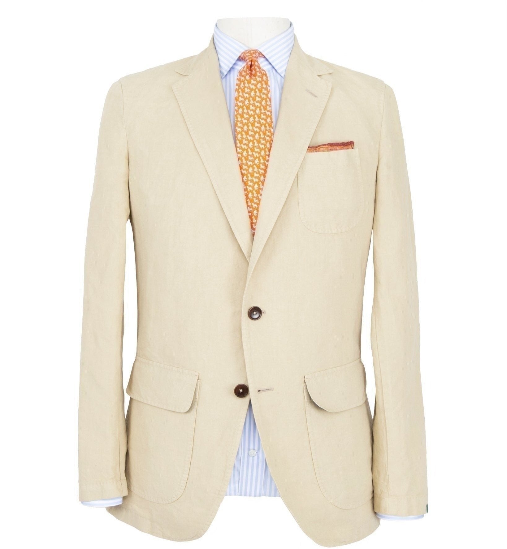 A beige Sid Mashburn Butcher Jacket made from Italian canvas with a pocket square, paired with a blue and white striped shirt and an orange patterned tie, displayed on a mannequin.