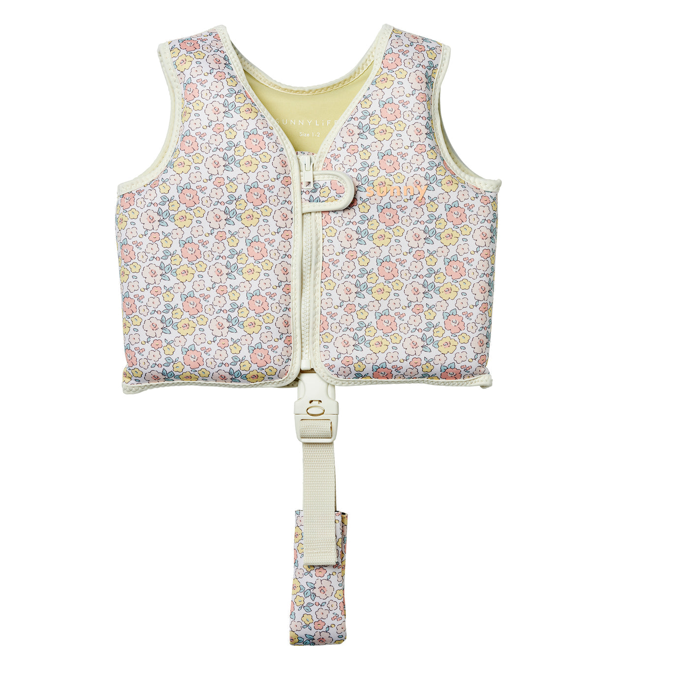 Sunnylife Kids' Swim Vest in a children’s floral pattern, featuring a front zipper, buckle closure, and an adjustable anti-rise safety strap between the legs for enhanced security. Crafted with a soft neoprene comfort guard, this life vest is displayed against a white background.