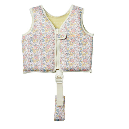 Sunnylife Kids' Swim Vest in a children’s floral pattern, featuring a front zipper, buckle closure, and an adjustable anti-rise safety strap between the legs for enhanced security. Crafted with a soft neoprene comfort guard, this life vest is displayed against a white background.
