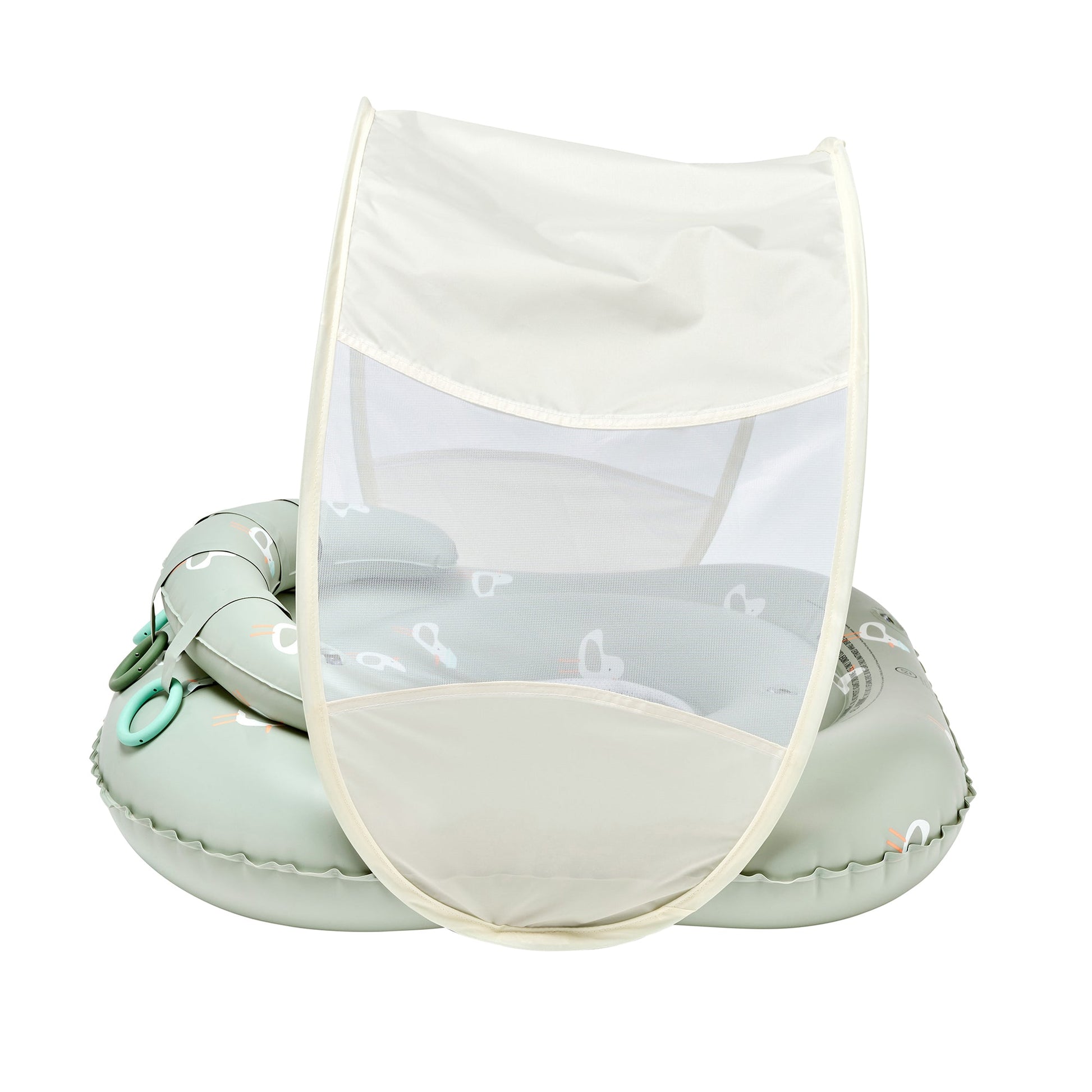 The Sunnylife Sammy Seagull Interactive Baby Float features a pale green color with white accents and printed patterns, an attached UPF40 canopy for sun protection, a comfortable headrest, and a safety harness for secure water use.