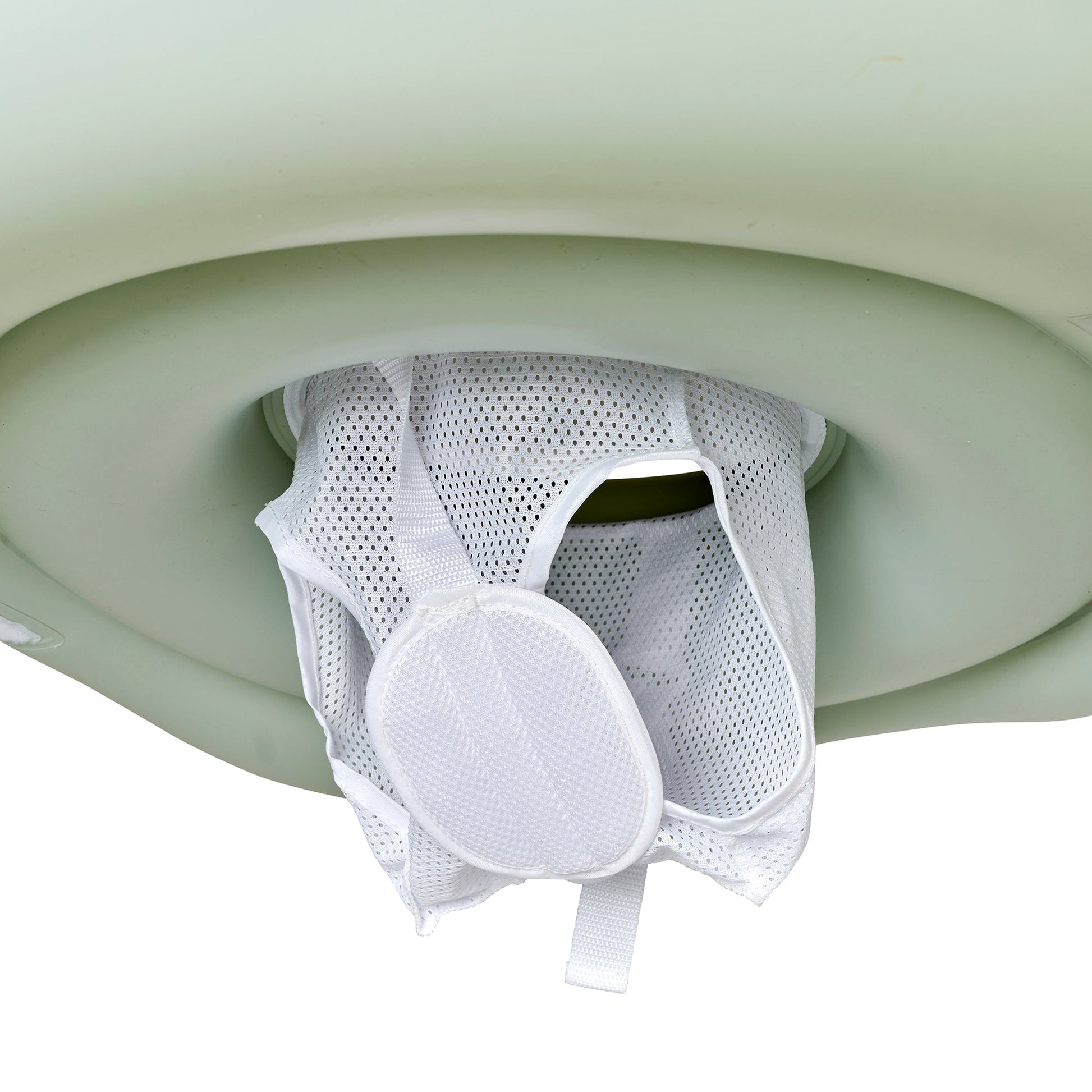 Close-up view of the Sunnylife Sammy Seagull Interactive Baby Float in green, featuring a white mesh seat and leg holes to support small children in water—perfect for sensory play and ensuring comfort and safety during aquatic fun.