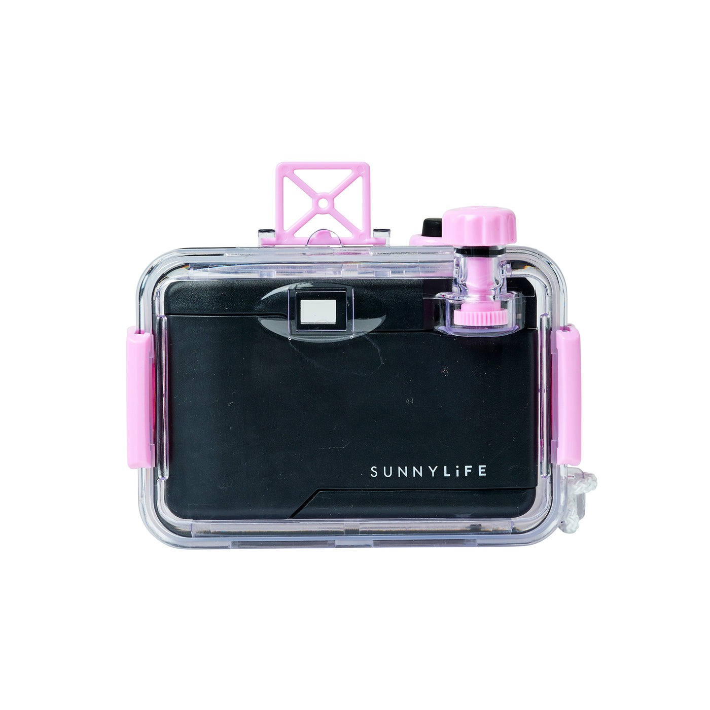 A Sunnylife Magenta Underwater Camera is enclosed in a transparent waterproof case with pink accents and latch, featuring a retro waterproof film camera design and a convenient focus-free lens.
