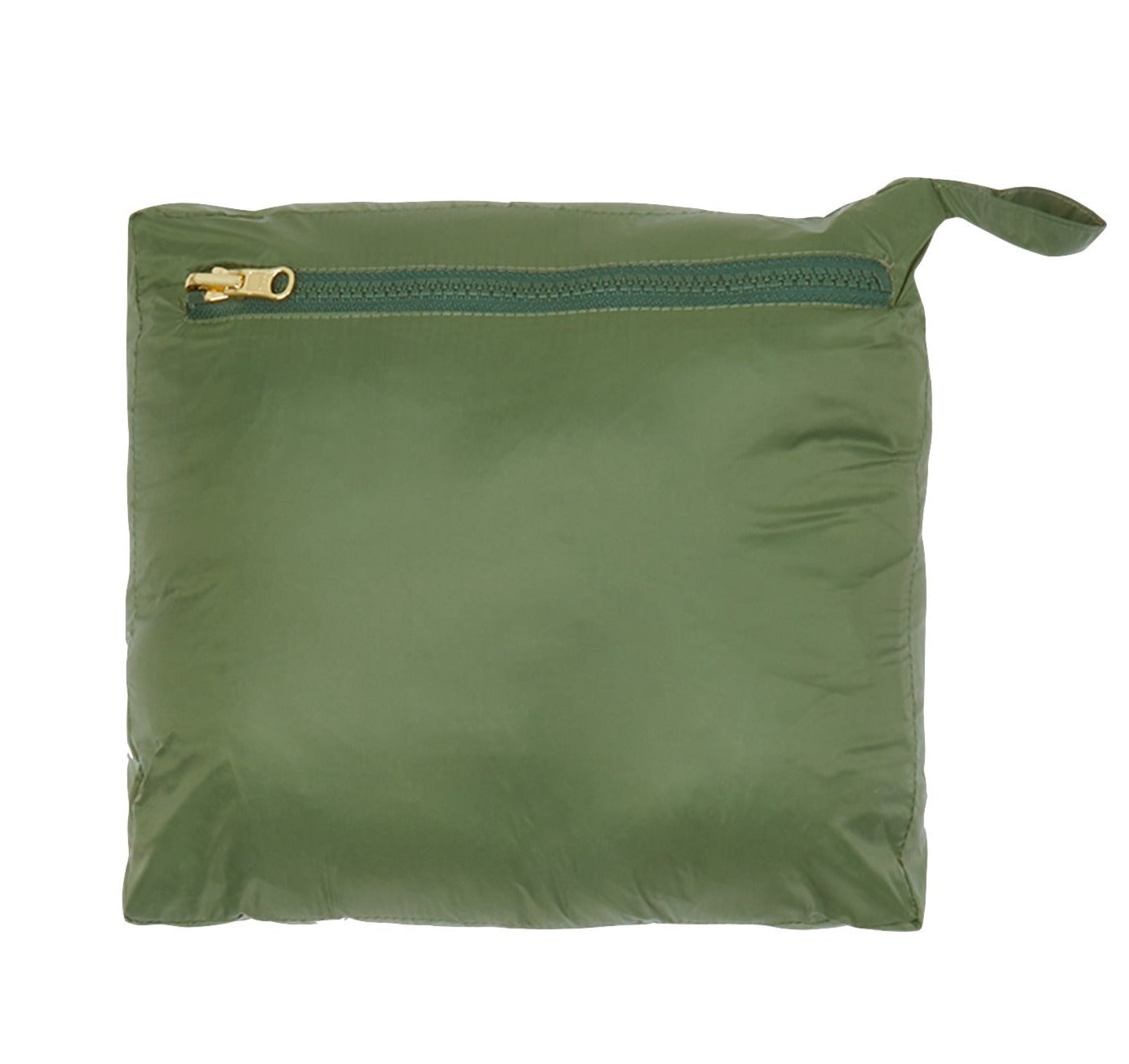 A featherweight green square pouch made of nylon, featuring a yellow zipper and a small handle on the top-right corner, by Sid Mashburn from their Cashball Traveler's Vest collection.