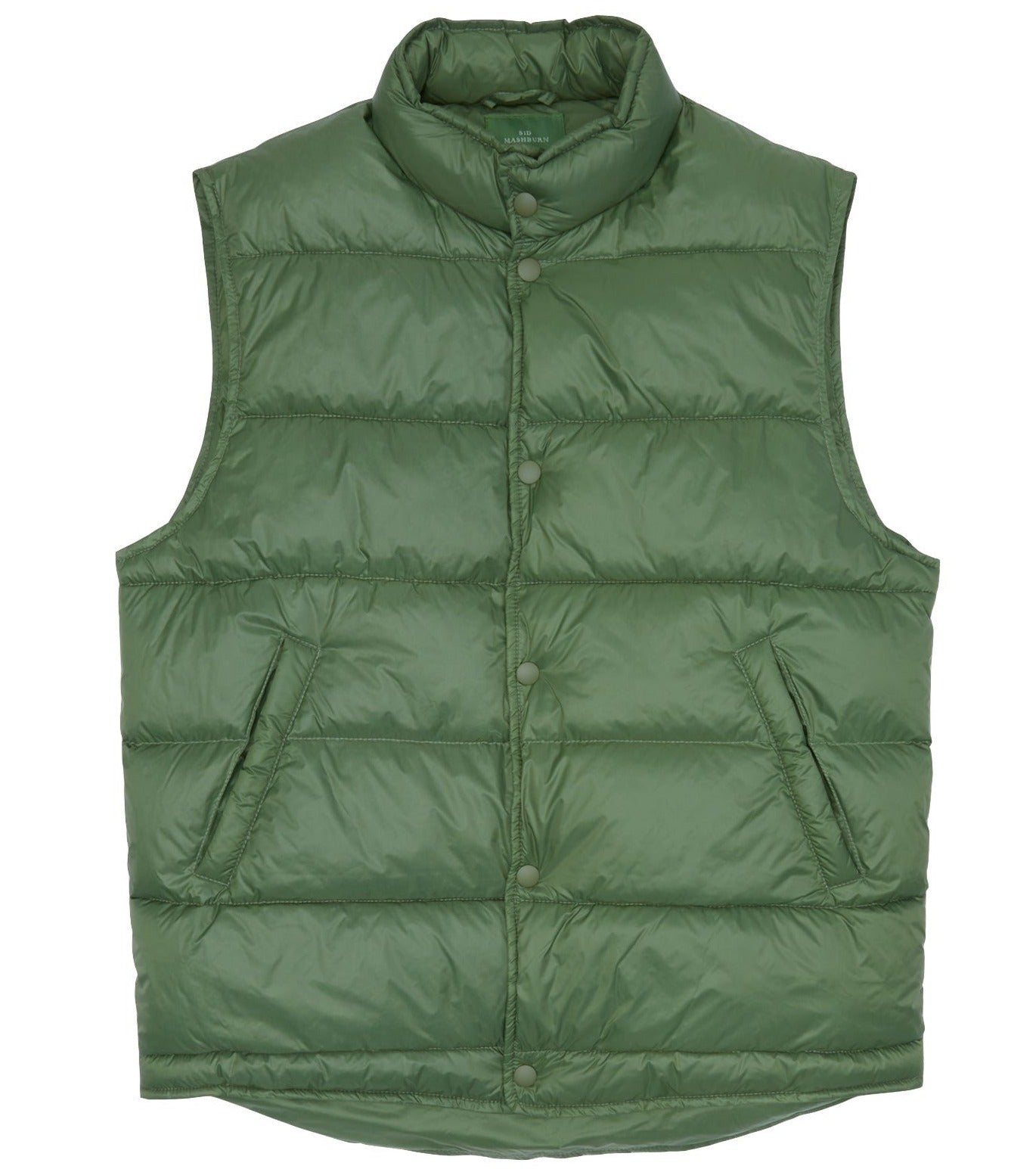 The Sid Mashburn Cashball Traveler's Vest is a green, sleeveless puffer vest from Sid Mashburn, crafted from featherweight nylon with a high collar and front snap buttons.