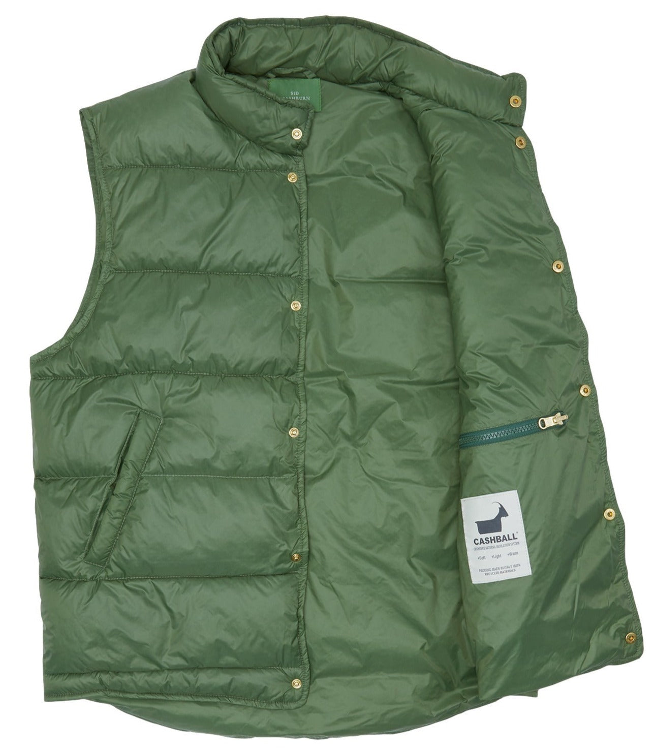 The Sid Mashburn Cashball Traveler's Vest, crafted from sustainable materials, features snap buttons, a high collar, and a zippered inner pocket showcasing the "Cashball" label. The green puffer vest is laid flat with the right side slightly open to reveal the inner details.