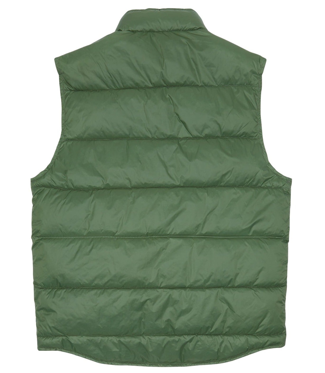 Back view of the Sid Mashburn Cashball Traveler's Vest in green, crafted from featherweight nylon, showcasing the sleeveless design and horizontal stitching.