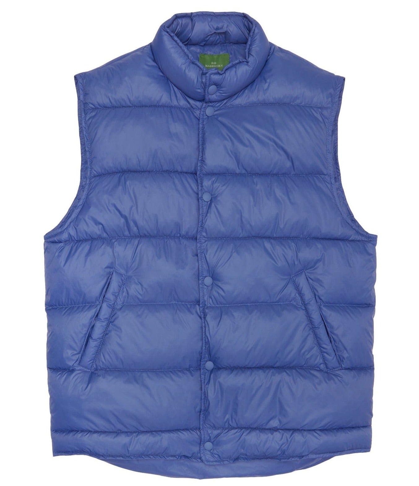 The Sid Mashburn Cashball Traveler's Vest, a blue padded sleeveless jacket made of featherweight nylon with snap buttons and a high collar, is displayed against a white background.