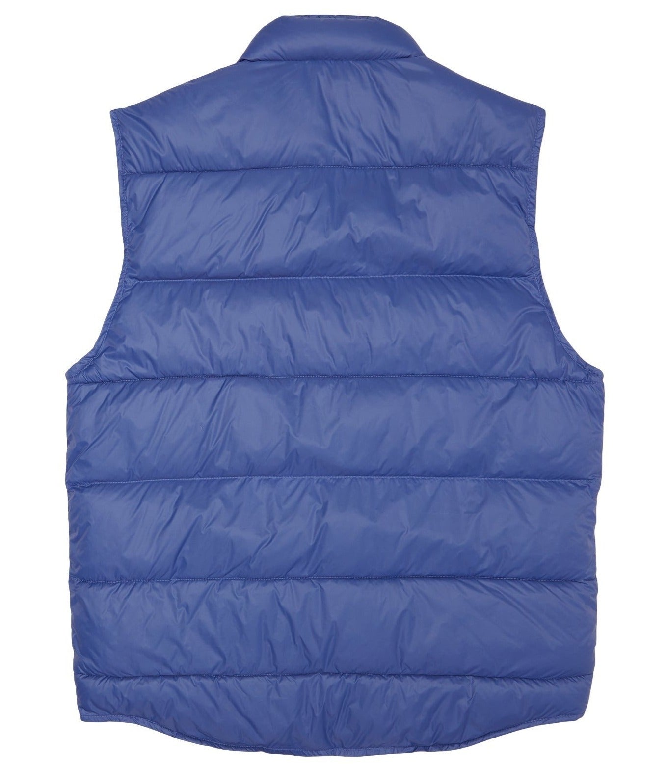 Back view of the Sid Mashburn Cashball Traveler's Vest in blue, featuring horizontal stitching and a stand-up collar. The vest's featherweight nylon material appears shiny and quilted.