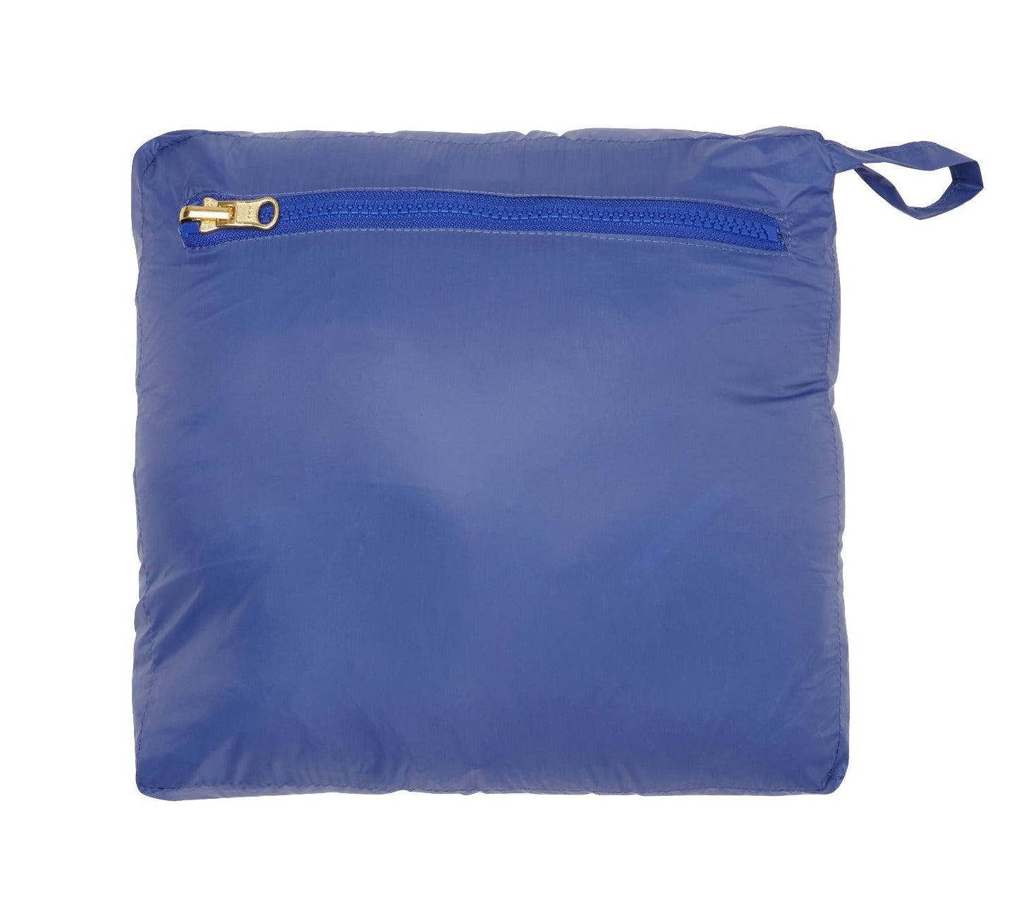 The Sid Mashburn Cashball Traveler's Vest is a blue, square, zippered pillow crafted from featherweight nylon with a handle on one corner.