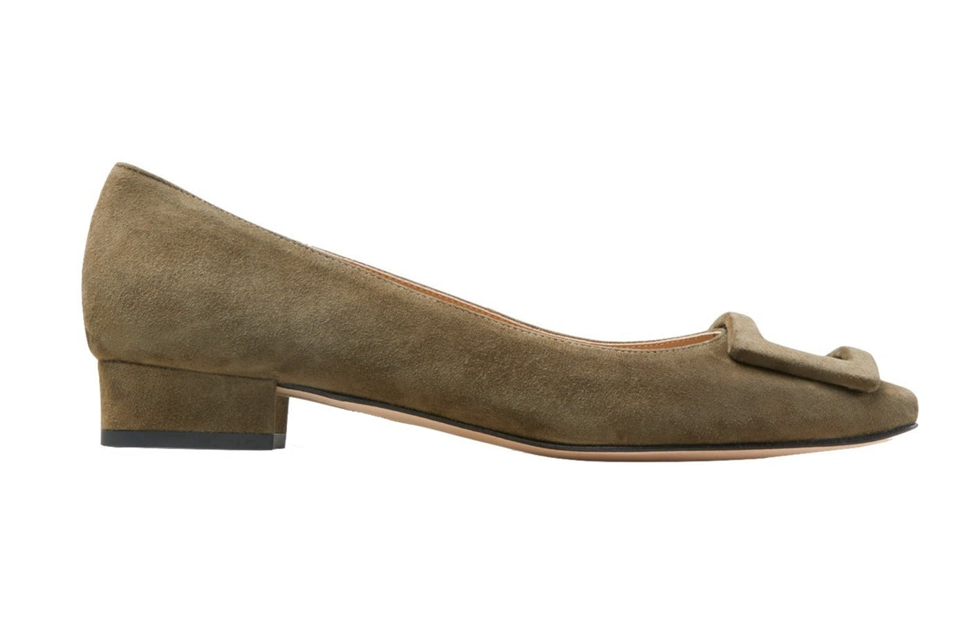 A single taupe Ann Mashburn suede low-heeled pump with a decorative buckle on a white background.