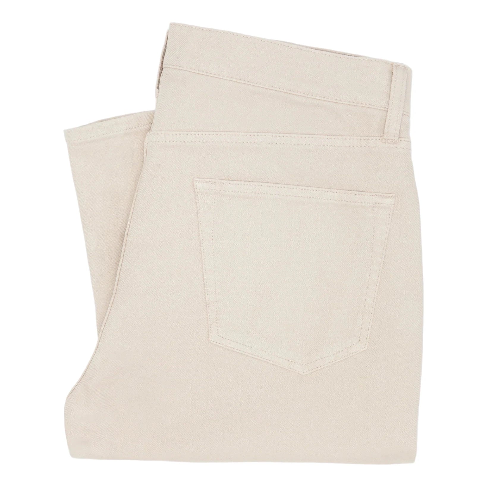 A pair of folded beige Clift Straight Leg Jeans by Sid Mashburn, featuring visible back pockets and belt loops, displayed on a white background.
