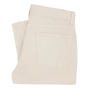 A pair of folded beige Clift Straight Leg Jeans by Sid Mashburn, featuring visible back pockets and belt loops, displayed on a white background.