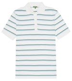 A Sid Mashburn Rally Cotton Polo in white with horizontal teal stripes, displayed flat with a buttoned placket and a collar.