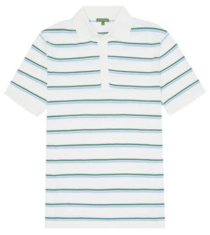 A Sid Mashburn Rally Cotton Polo in white with horizontal teal stripes, displayed flat with a buttoned placket and a collar.