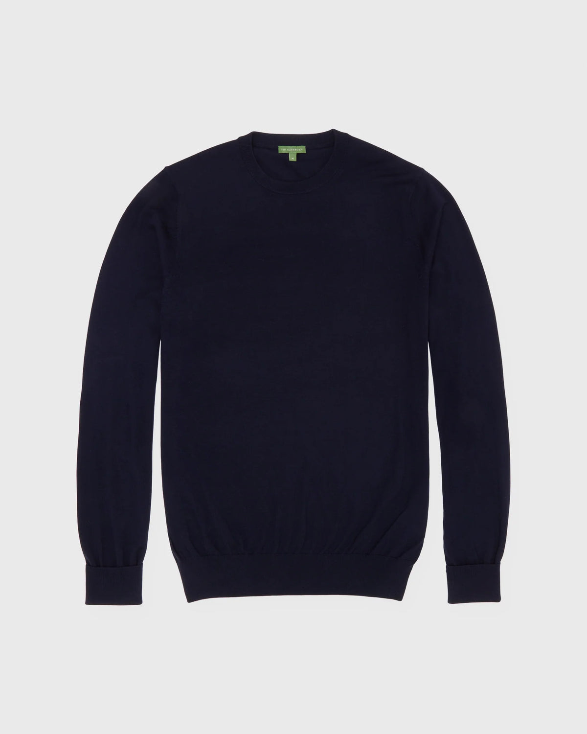 A Sid Mashburn Fine-Gauge Crewneck Sweater in navy is displayed flat on a white background, showcasing its plain design and long sleeves.
