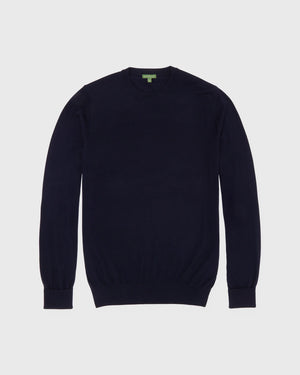 A Sid Mashburn Fine-Gauge Crewneck Sweater in navy is displayed flat on a white background, showcasing its plain design and long sleeves.