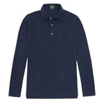 The Sid Mashburn Long-Sleeve Polo in navy blue pima pique features a cut-and-sew collar, three-button placket, and chest pocket, shown laid flat on a white background in classic Sid Mashburn style.