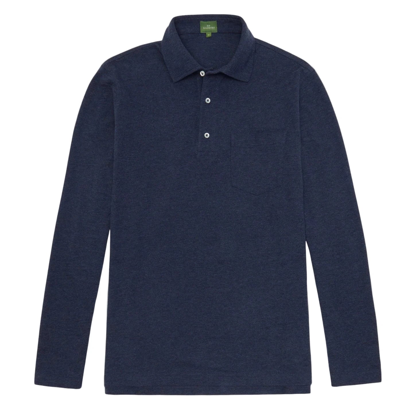 The Sid Mashburn Long-Sleeve Polo in navy blue pima pique features a cut-and-sew collar, three-button placket, and chest pocket, shown laid flat on a white background in classic Sid Mashburn style.