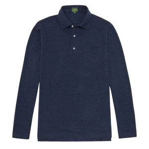 The Sid Mashburn Long-Sleeve Polo in navy blue pima pique features a cut-and-sew collar, three-button placket, and chest pocket, shown laid flat on a white background in classic Sid Mashburn style.
