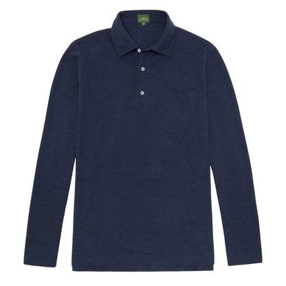The Sid Mashburn Long-Sleeve Polo in navy blue pima pique features a cut-and-sew collar, three-button placket, and chest pocket, shown laid flat on a white background in classic Sid Mashburn style.