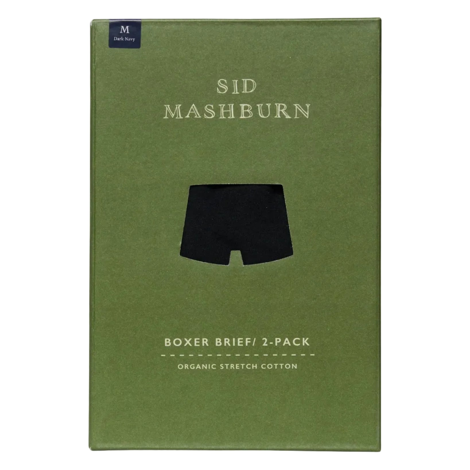 A green box labeled “Sid Mashburn” containing a 2-pack of dark navy organic cotton stretch Boxer Briefs in size medium—ideal for those seeking comfortable underwear.