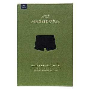 A green box labeled “Sid Mashburn” containing a 2-pack of dark navy organic cotton stretch Boxer Briefs in size medium—ideal for those seeking comfortable underwear.