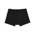 A pair of Sid Mashburn men’s black organic cotton Boxer Briefs featuring a green tag on the left leg, displayed against a white background.