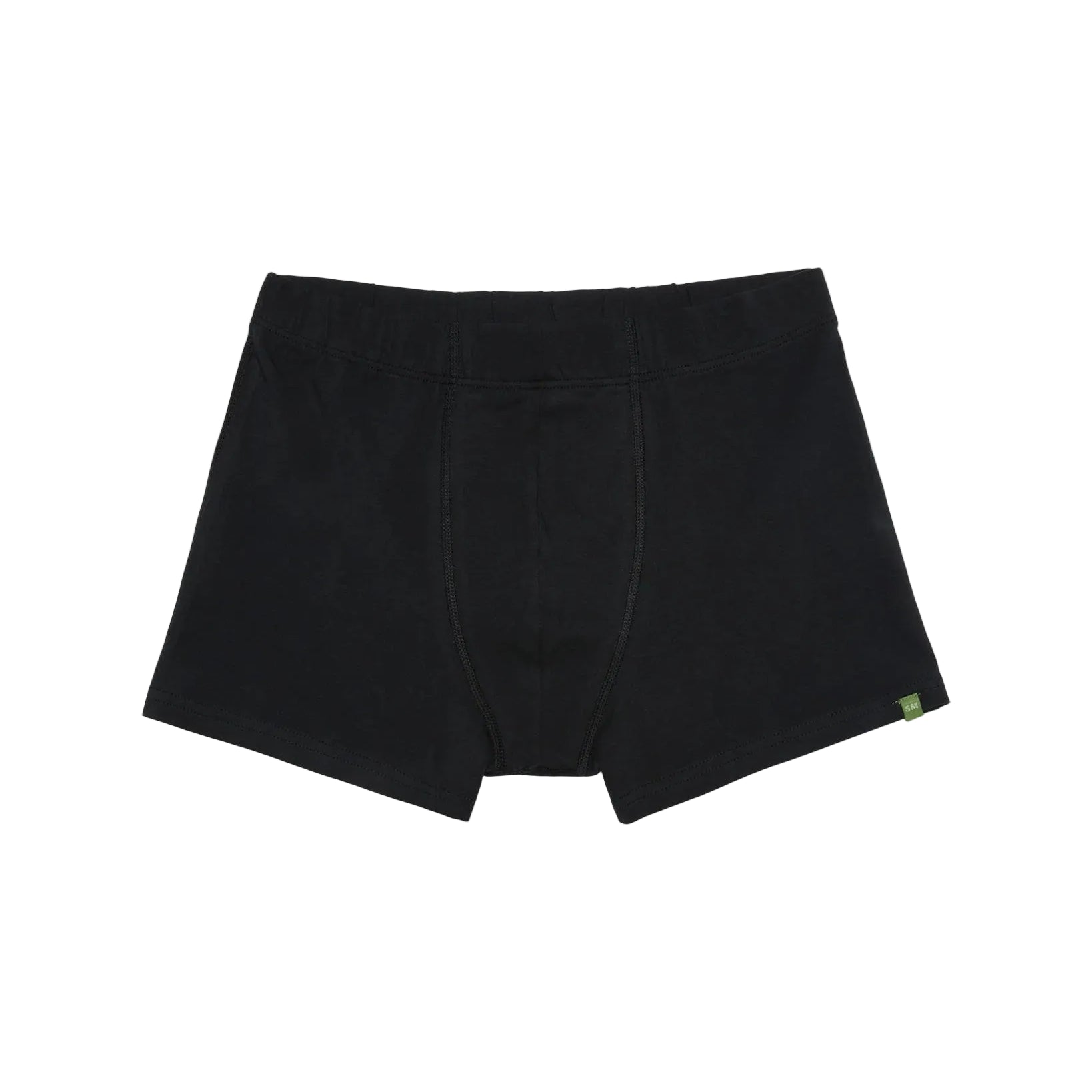A pair of Sid Mashburn men’s black organic cotton Boxer Briefs featuring a green tag on the left leg, displayed against a white background.