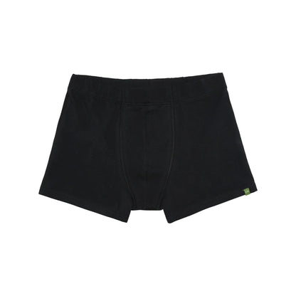 A pair of Sid Mashburn men’s black organic cotton Boxer Briefs featuring a green tag on the left leg, displayed against a white background.