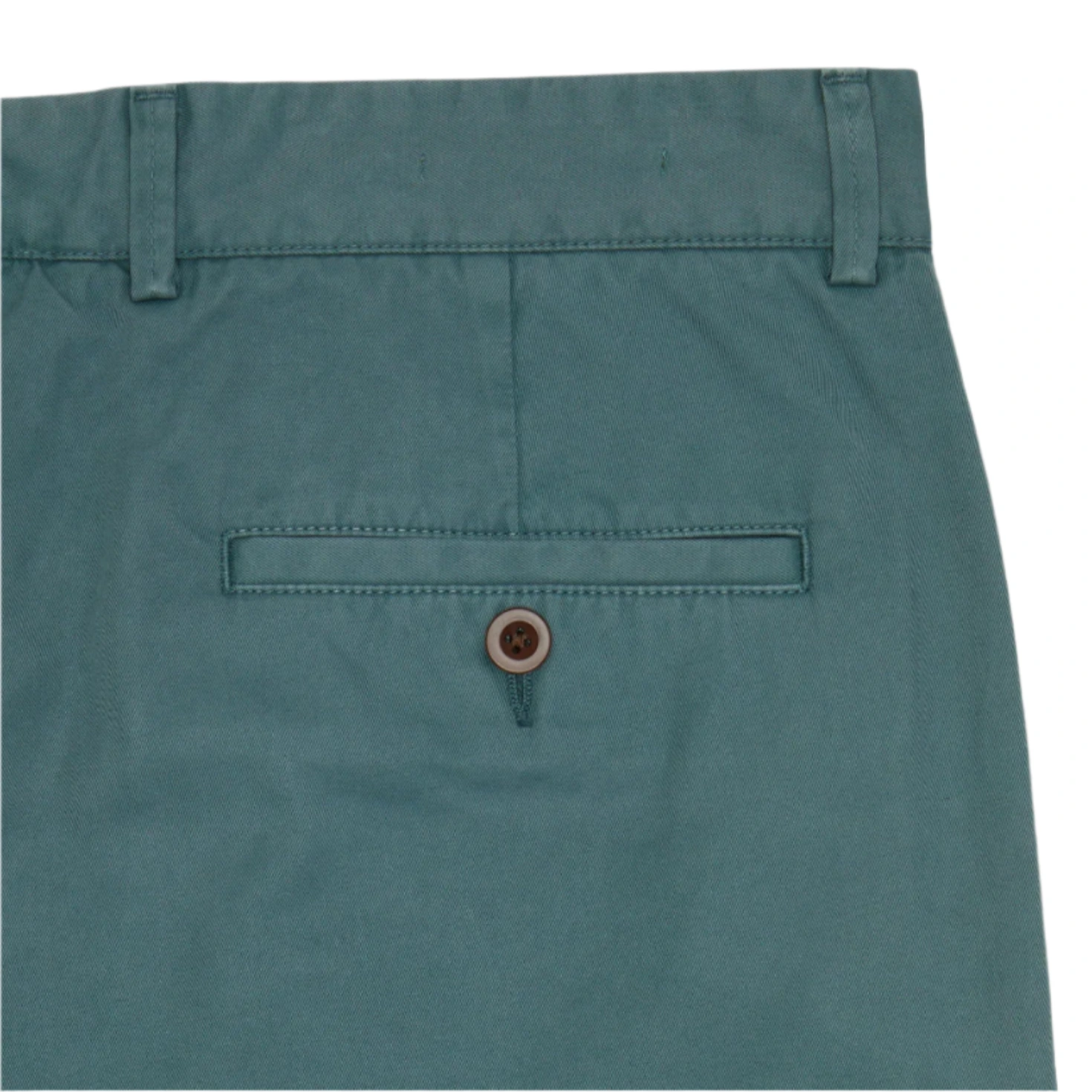 Close-up of Sid Mashburn's Garment-Dyed Field Pant in teal cotton twill, featuring a back pocket with button closure, belt loops at the waistband, and crafted from durable four-season fabric.