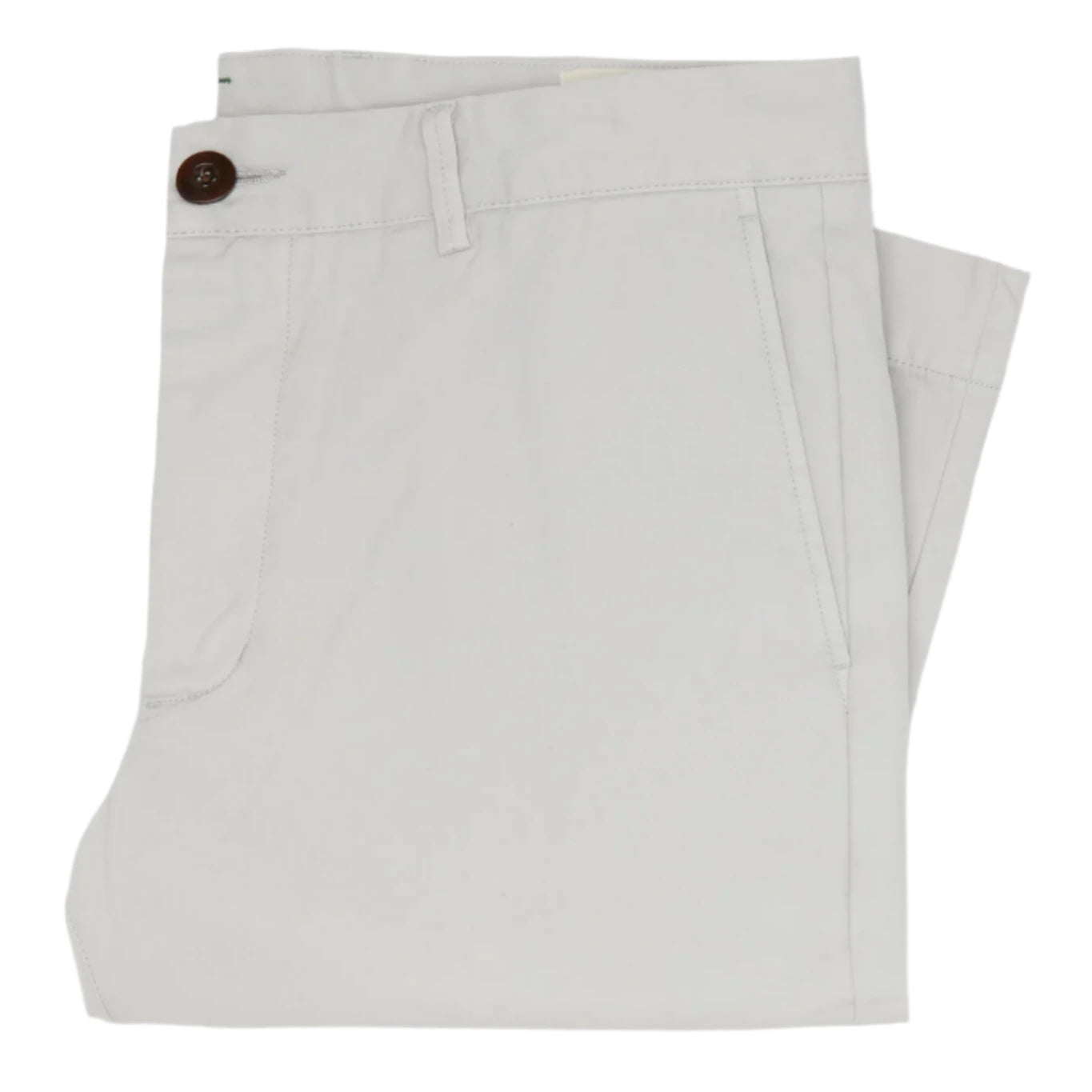 The Sid Mashburn Garment-Dyed Field Pant in light gray cotton twill features a brown button and side pocket—versatile, neatly folded work pants perfect for year-round wear.