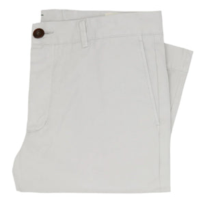 The Sid Mashburn Garment-Dyed Field Pant in light gray cotton twill features a brown button and side pocket—versatile, neatly folded work pants perfect for year-round wear.