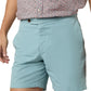 A person is wearing Sid Mashburn Sport Shorts Side Tab in light blue seersucker with elasticized tabs, paired with a pink patterned button-up shirt; only the lower torso and upper legs are visible.