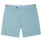 Sport Shorts Side Tab by Sid Mashburn: light blue men’s seersucker summer shorts with elasticized tabs, side buttons, and front pockets, shown on a white background.