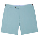 Sport Shorts Side Tab by Sid Mashburn: light blue men’s seersucker summer shorts with elasticized tabs, side buttons, and front pockets, shown on a white background.