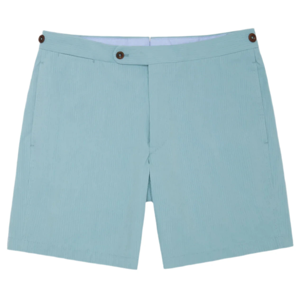 Sport Shorts Side Tab by Sid Mashburn: light blue men’s seersucker summer shorts with elasticized tabs, side buttons, and front pockets, shown on a white background.
