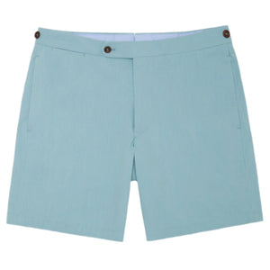 Sport Shorts Side Tab by Sid Mashburn: light blue men’s seersucker summer shorts with elasticized tabs, side buttons, and front pockets, shown on a white background.