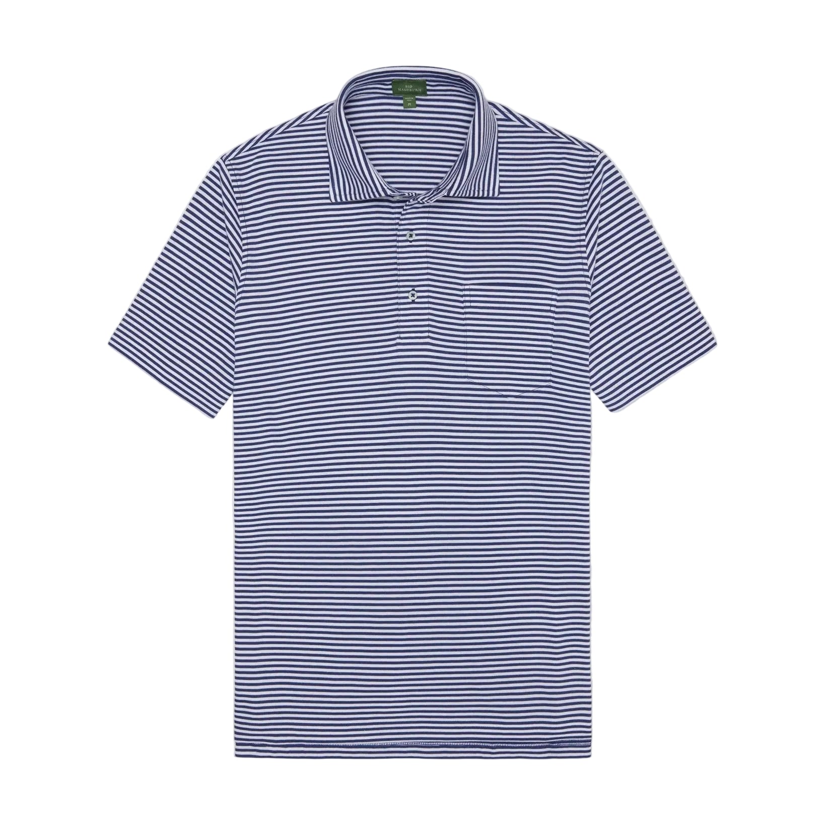 The Sid Mashburn Short-Sleeved Polo features blue and white stripes, a collar, and a three-button placket. Made from luxury cotton, it combines classic style with comfort for any occasion. Shown laid flat on a white background.