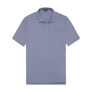 The Sid Mashburn Short-Sleeved Polo features blue and white stripes, a collar, and a three-button placket. Made from luxury cotton, it combines classic style with comfort for any occasion. Shown laid flat on a white background.
