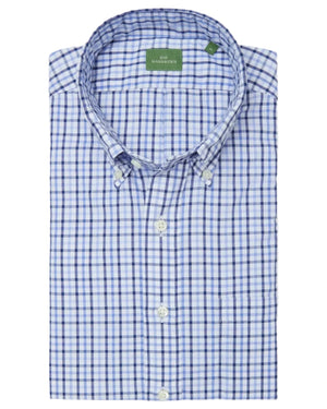 A folded Sid Mashburn Button-Down Sport Shirt with a blue and white checkered pattern, featuring a green label on the inner collar.