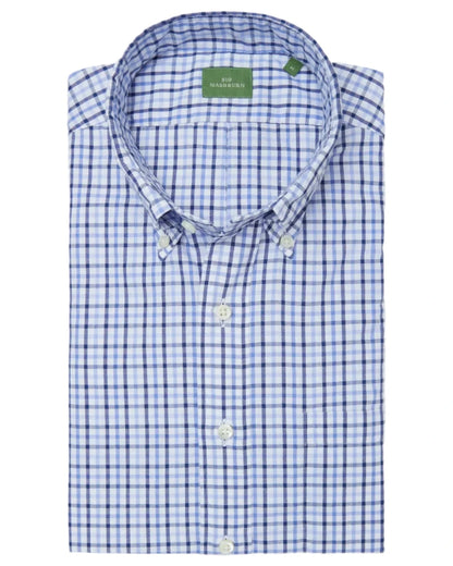 A folded Sid Mashburn Button-Down Sport Shirt with a blue and white checkered pattern, featuring a green label on the inner collar.
