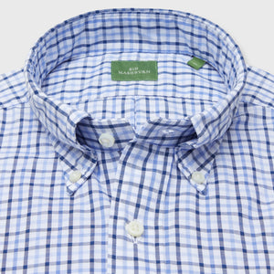 Close-up of a blue and white plaid Sid Mashburn Button-Down Sport Shirt in a slim fit, featuring an oxford weave, button-down collar, and green "SID MASHBURN" label inside.