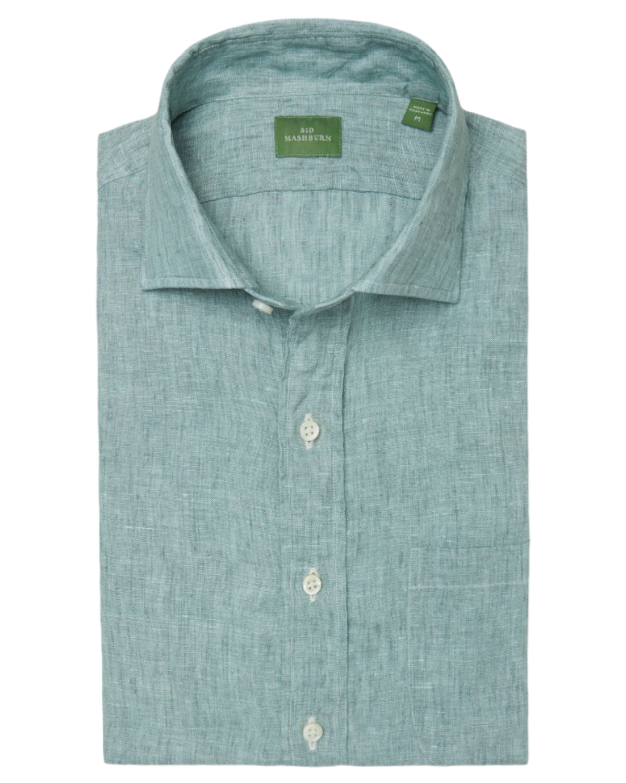 A neatly folded Sid Mashburn Spread Collar Sport Shirt in light green linen, featuring a slim cut, spread collar, visible white buttons, and crafted from premium Italian fabric.