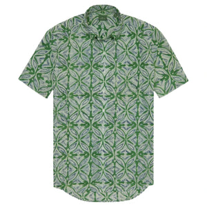 The Sid Mashburn Short-Sleeved Button-Down Sport Shirt features a green and white geometric leaf pattern in a slim cut, evoking a relaxed Beach Boys vibe—ideal for sunny days. Shown against a plain white background.