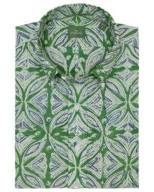 The Sid Mashburn Short-Sleeved Button-Down Sport Shirt features a slim fit and a green, white, and blue geometric floral pattern, offering a modern look with subtle Beach Boys-inspired style.