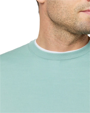 A close-up of a man's lower face and neck shows him wearing the Sid Mashburn Fine-Gauge Crewneck Sweater in light green over a white shirt, set against a white background.