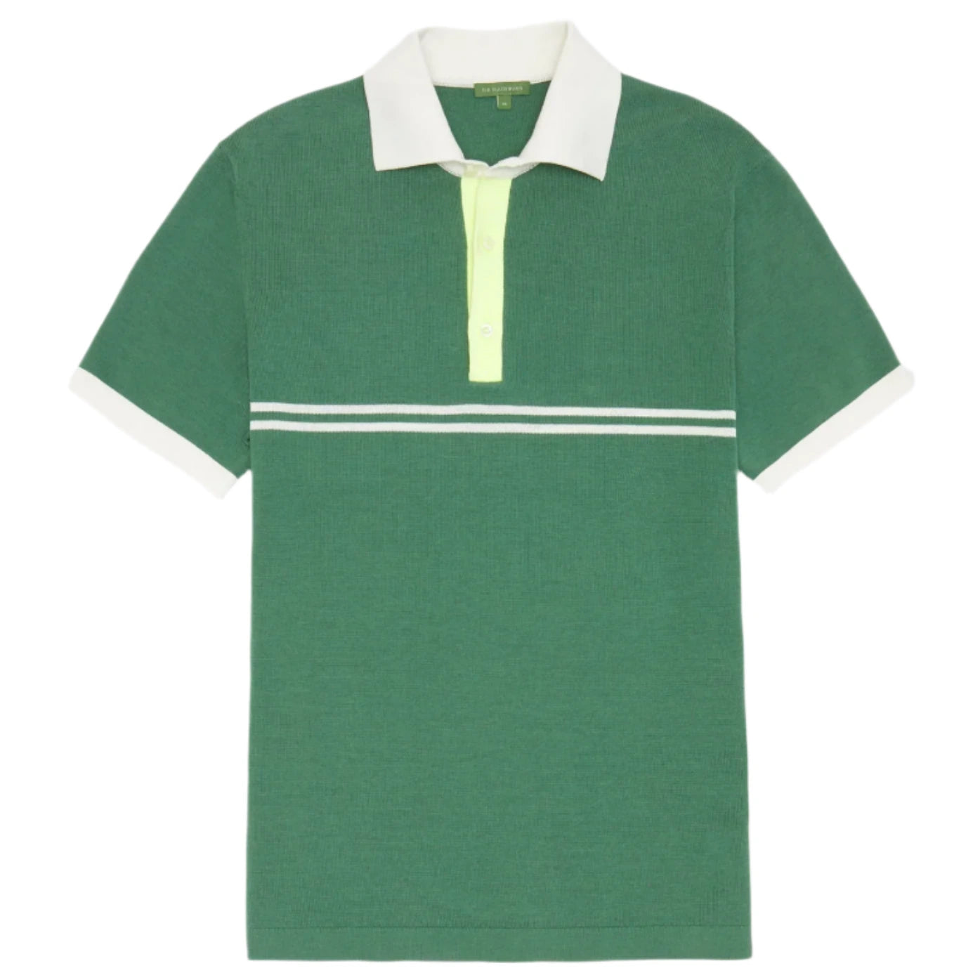 The Sid Mashburn Rally Polo Sweater is a green slim-fit short-sleeve shirt featuring a white collar, white sleeve cuffs, and two horizontal white stripes across the chest.