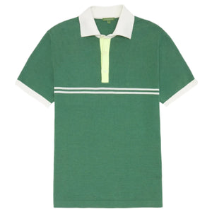 The Sid Mashburn Rally Polo Sweater is a green slim-fit short-sleeve shirt featuring a white collar, white sleeve cuffs, and two horizontal white stripes across the chest.