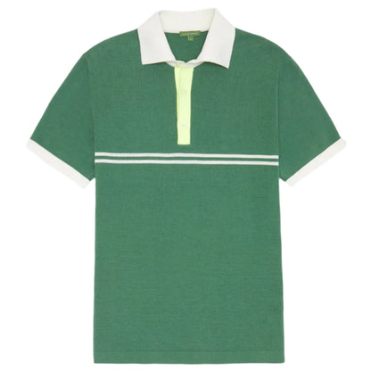 The Sid Mashburn Rally Polo Sweater is a green slim-fit short-sleeve shirt featuring a white collar, white sleeve cuffs, and two horizontal white stripes across the chest.