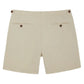 Sid Mashburn Sport Shorts Side Tab in beige, shown from the back with two buttoned welt pockets and adjustable elasticized side tabs for a comfortable fit.